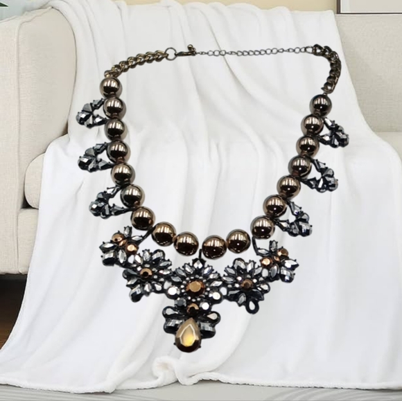 Bronze Beaded Necklace/Choker with Black Flowers and an Pendant - Picture 1 of 5